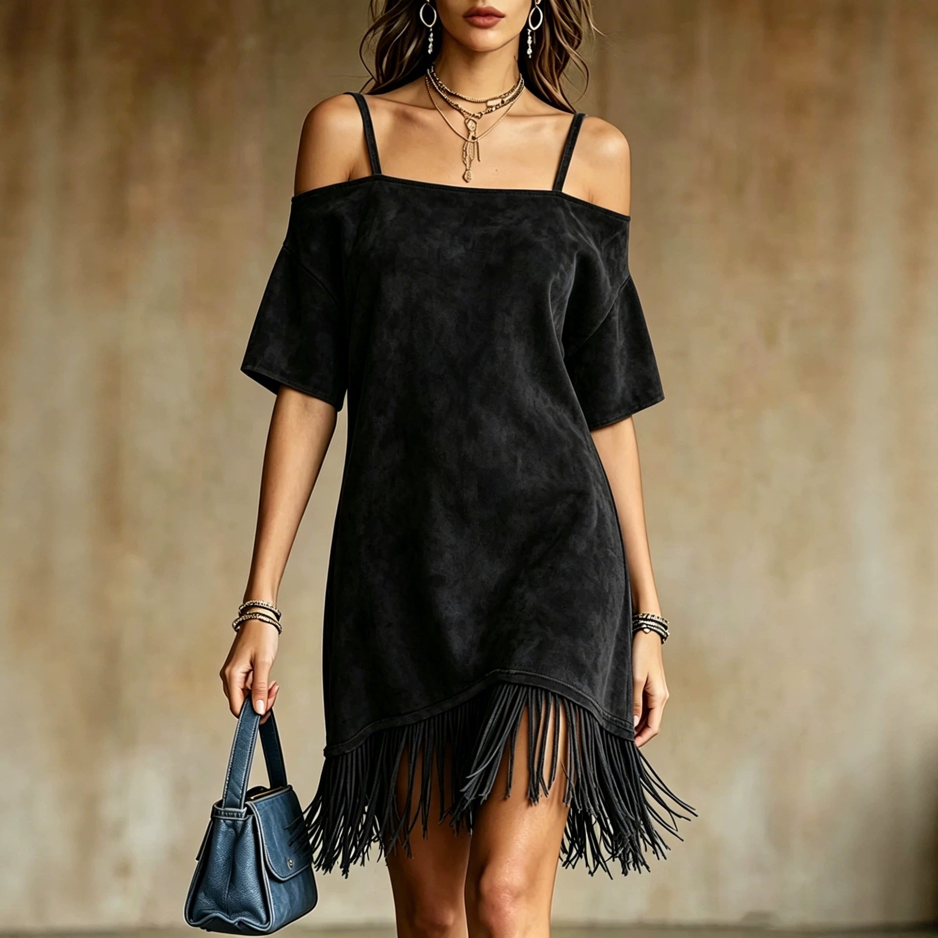 Off Shoulder Spaghetti Strap Suede Fringe Mini Dress