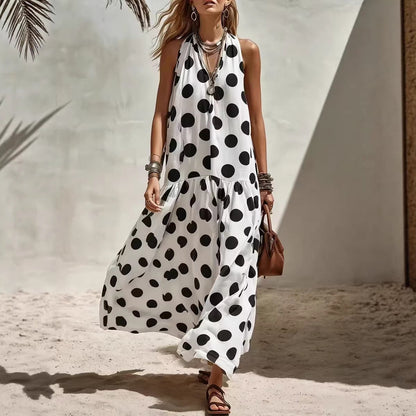 Women's Sleeveless Casual Dress - Striped Polka Dot Print