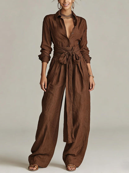 Women's Shirt‑Style Self‑Tie Belt Wide‑Leg Jumpsuit