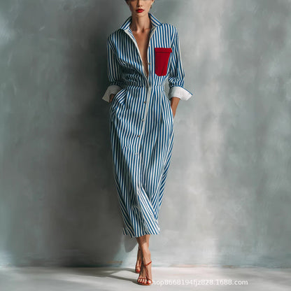 Women's Blue And White Cotton Blend Striped Shirt Dress With Red Chest Pocket