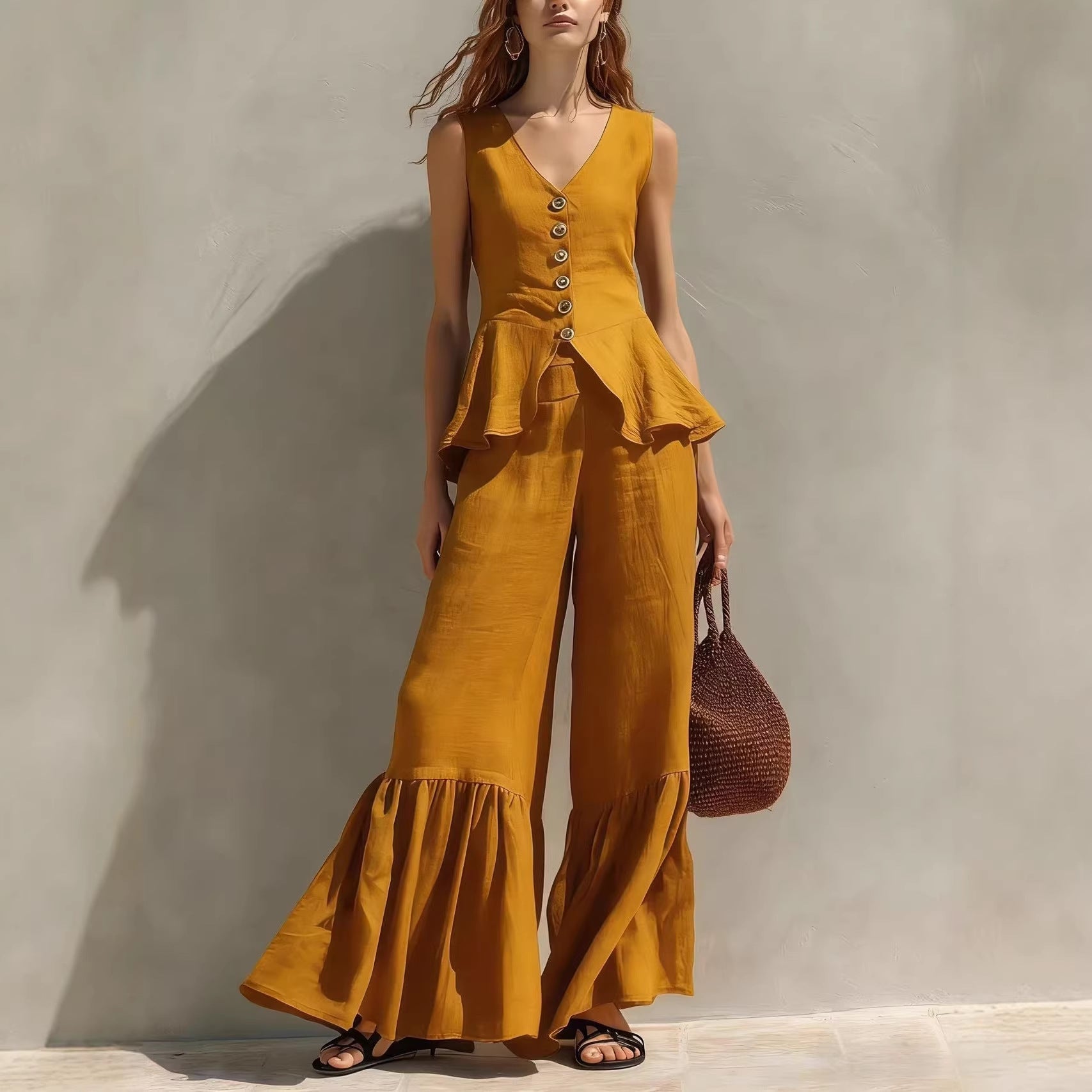 Mustard Linen-Blend Peplum Top & Ruffled Wide-Leg Pants Set