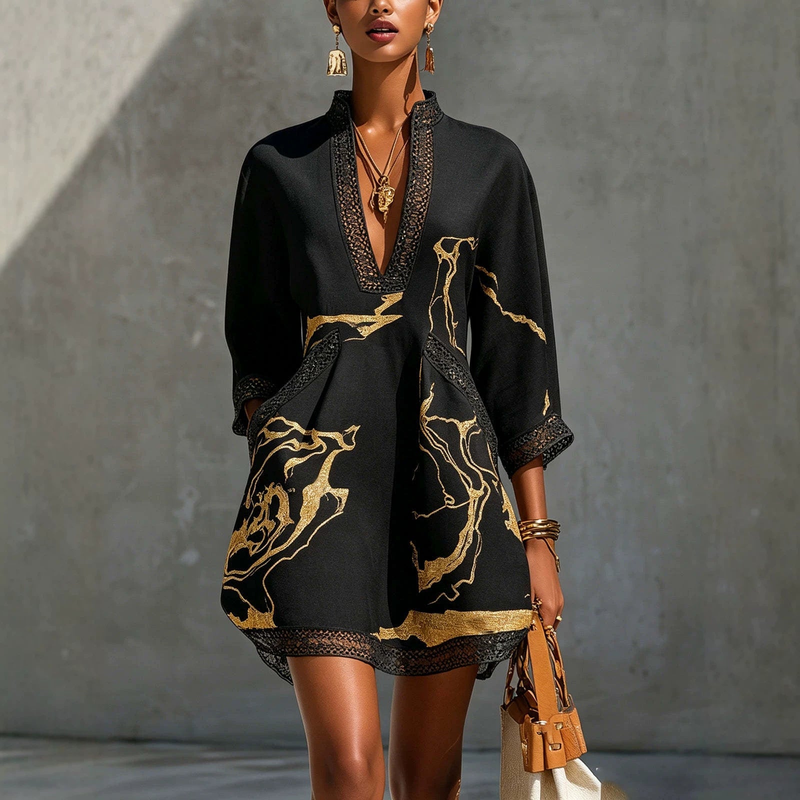 Black Gold Printed V-neck Crochet Lace Mini Dress