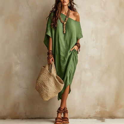 Slanted Shoulder Cotton And Linen Dress Women'S Loose Bat Sleeves Mid-Length Slit Holiday Dress