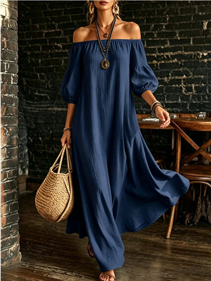 White Off‑Shoulder Balloon Sleeve Flowy Maxi Dress
