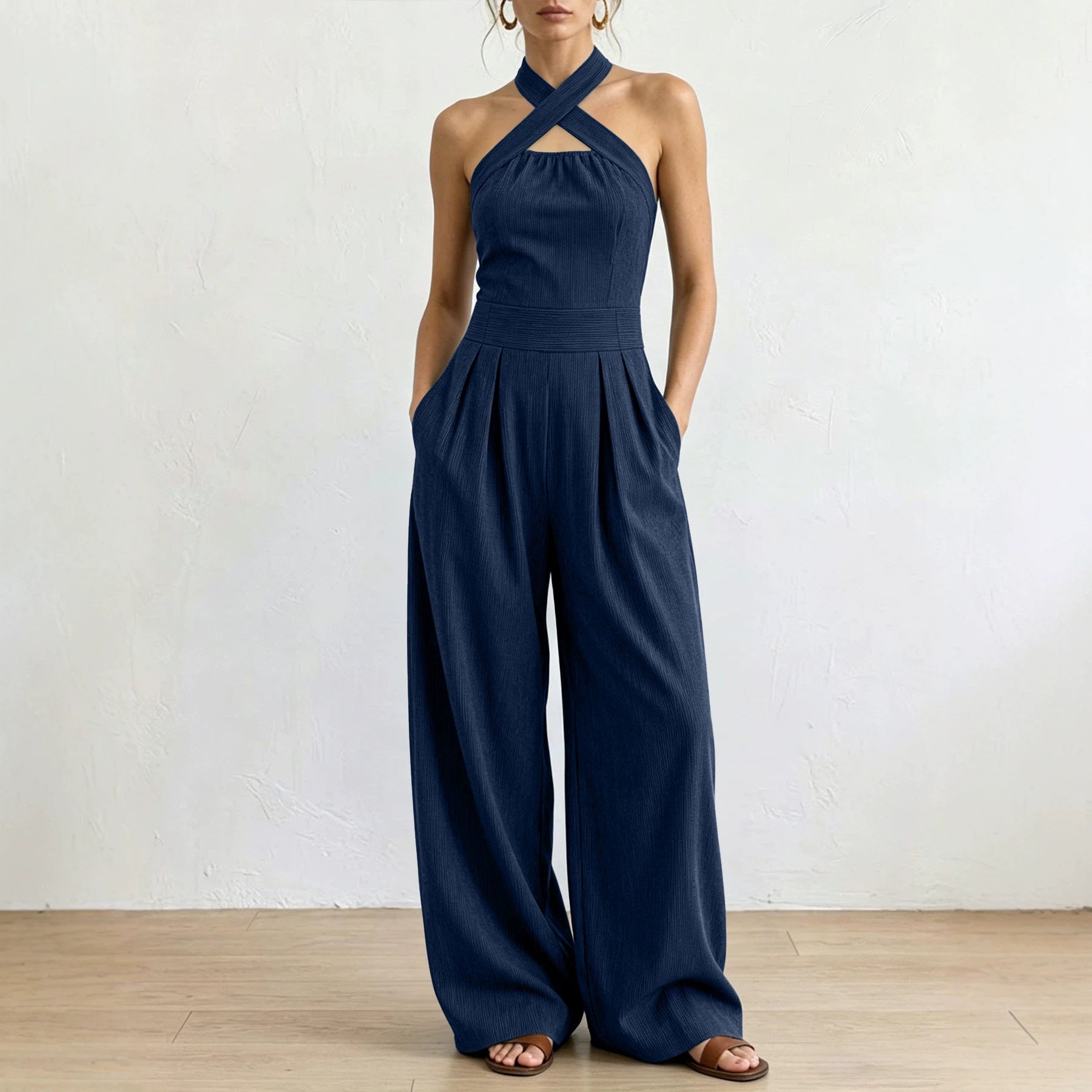 Crisscross Halter Keyhole Cutout High Waist Wide Leg Pantsuit with Pockets