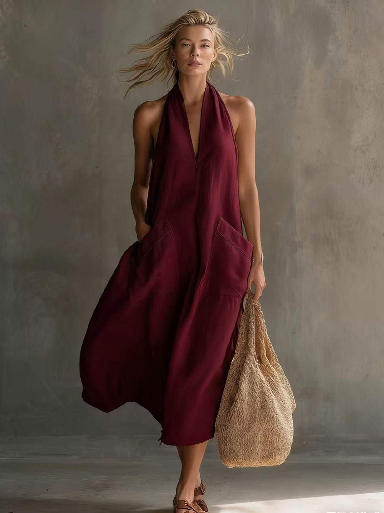 Relaxed Halter Neck Linen Midi Dress with Pockets