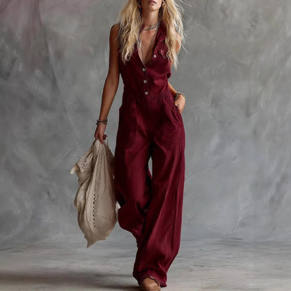 Women's Shirt-collar Sleeveless Wide-leg Jumpsuit
