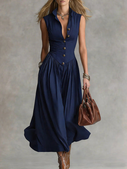 French Elegant Goddess Style Slim Fit Lapel Long Sleeveless Dress For Women