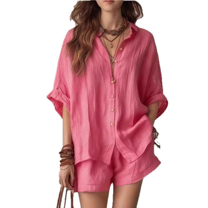 Oversized Linen Blend Button-Down Shirt & Shorts Set | Casual Breathable Two-Piece Outfit for Women