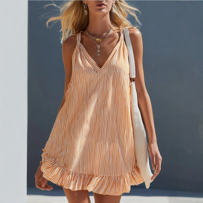 Orange White Vertical Stripe Spaghetti Strap Ruffle Hem Mini Dress
