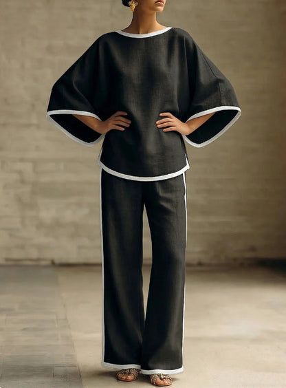 Women'S Elegant Round Neck Loose Bat Sleeves Cotton And Linen Two-Piece Set