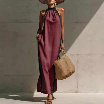Halter Neck Contrast Trim Maxi Dress
