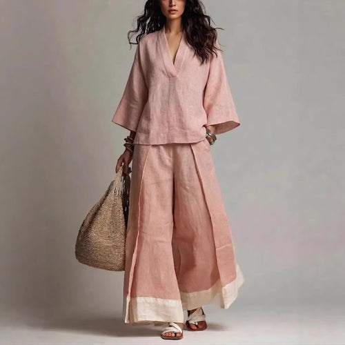 French V-Neck Three-Quarter Sleeve Shirt + Contrasting Color Wide-Leg Pants Suit For Women