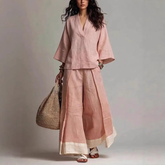 French V-Neck Three-Quarter Sleeve Shirt + Contrasting Color Wide-Leg Pants Suit For Women