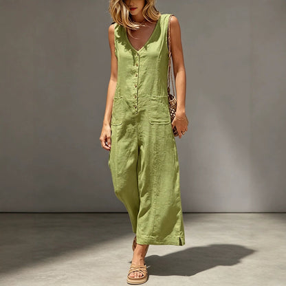 Buttoned Cotton And Linen Sleeveless Casual Wide-Leg Loose Jumpsuit With Pockets