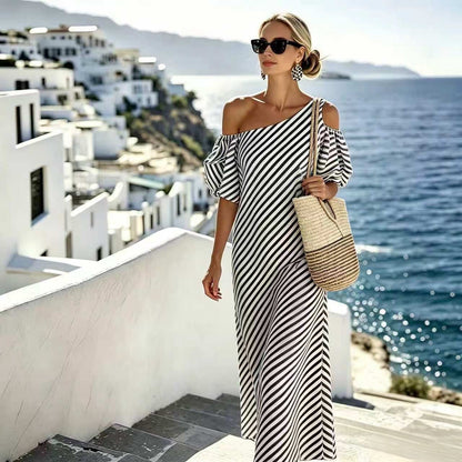 One Shoulder Cold Shoulder Puff Sleeve Striped Maxi Dress