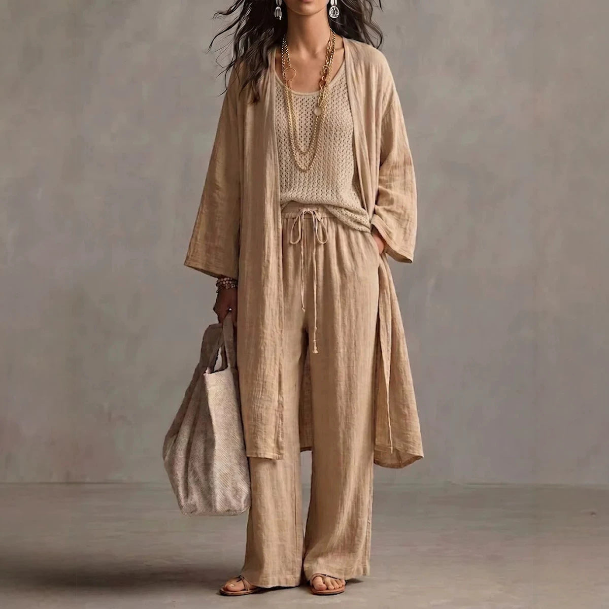 Neutral Beige Linen-Blend Two-Piece Lounge Set