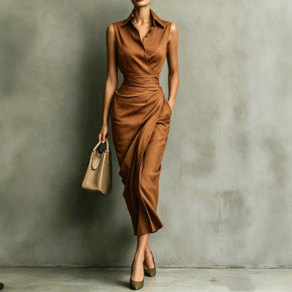 Women's Burgundy Sleeveless Wrap Shirt Midi Dress - Elegant Office & Evening Wear