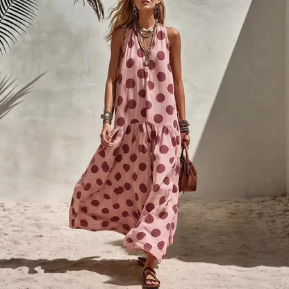 Women's Sleeveless Casual Dress - Striped Polka Dot Print
