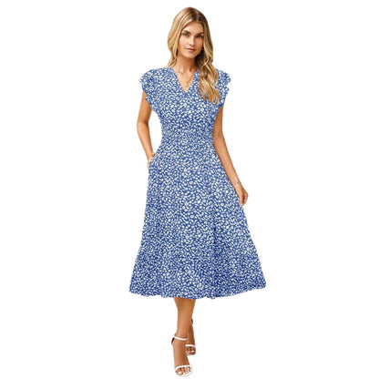 Women's V-Neck Ruffle Sleeve Midi Dress - Versatile Casual Floral/Print Dress with Pockets (6 Colors Available)