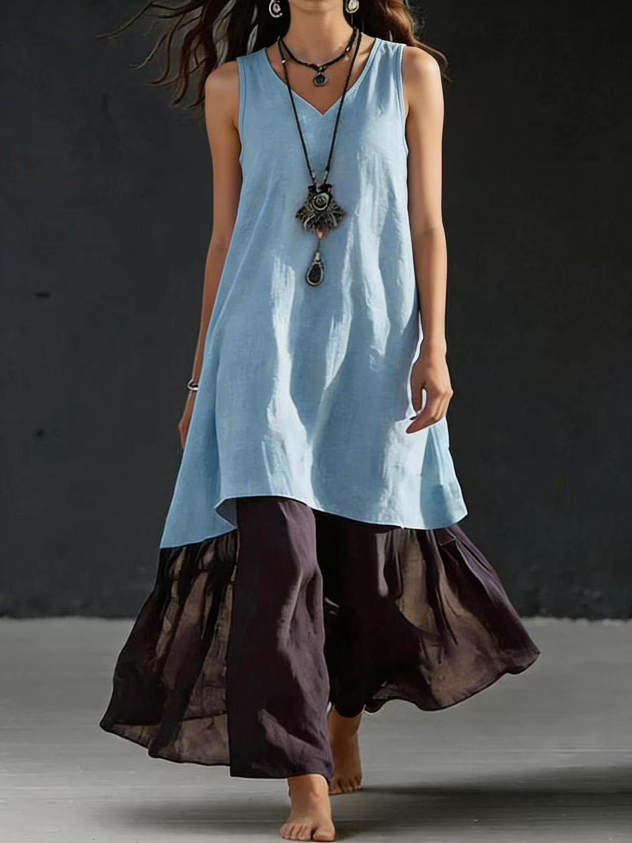High-Low Tunic Top & Sheer Layered Wide Leg Pants
