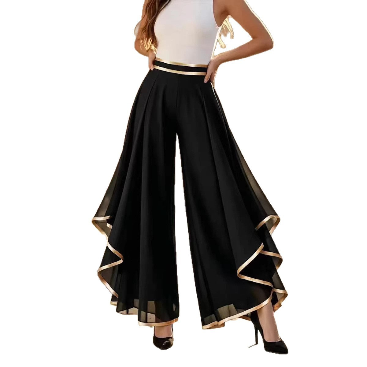 Elegant Gold Trim Wide Leg Chiffon Pants