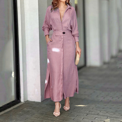 Collared Waist‑Tab Shirt Maxi Dress