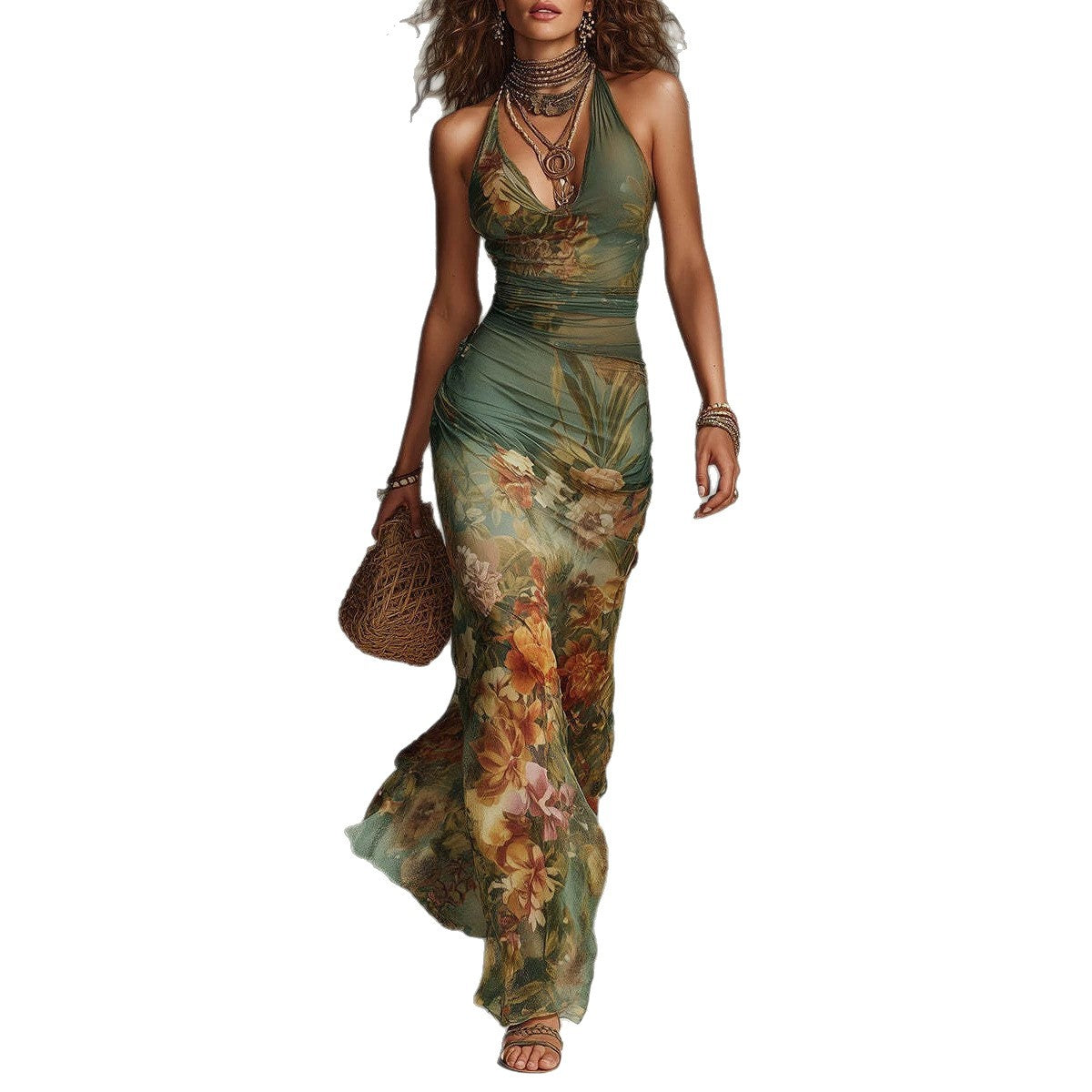 Boho Floral Halter Mesh Maxi Dress