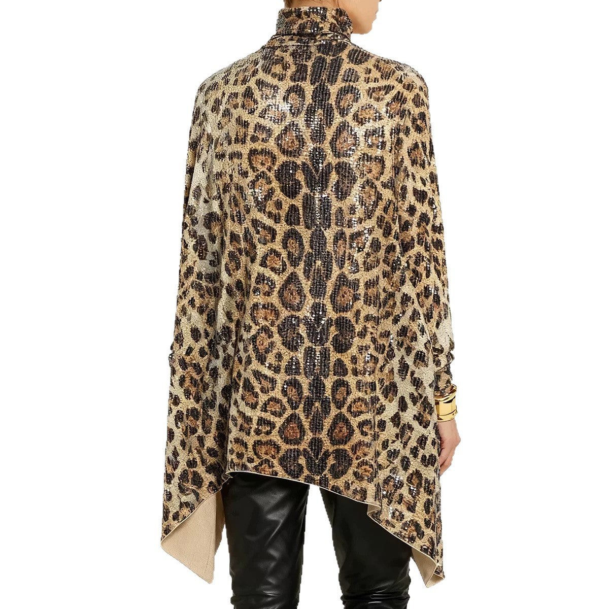 Leopard Sequin Turtleneck Asymmetric Draped Long Sleeve Loose Blouse Top