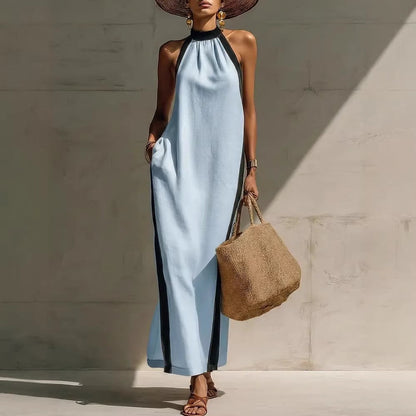 Halter Neck Contrast Trim Maxi Dress
