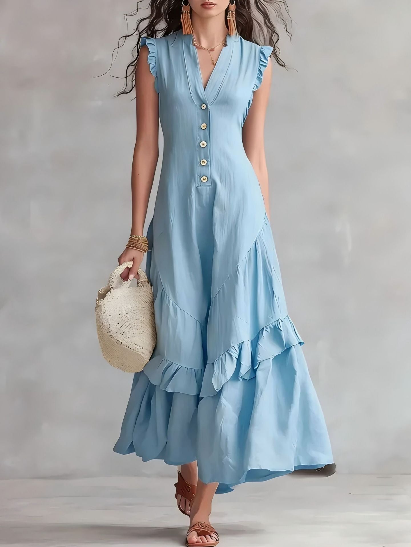 Sleeveless Ruffled V-Neck Maxi Dress