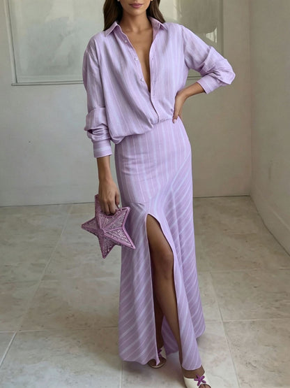 Women Striped Long‑Sleeve Shirt & High‑Slit Maxi Skirt Two‑Piece Set