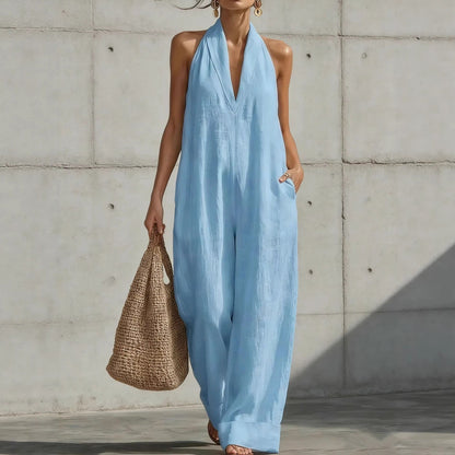 Linen Halter Deep V Wide Leg Cuffed Jumpsuit
