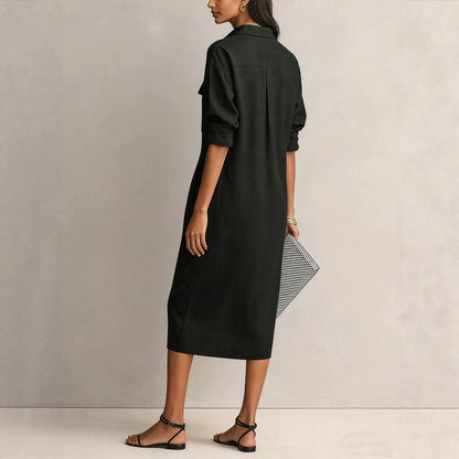 Utility Pocket Half Placket Midi Shirt Dress