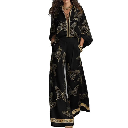 High Waist Wide Leg Pants Two Piece Set, Luxury Satin Elegant Vacation Matching Outfit