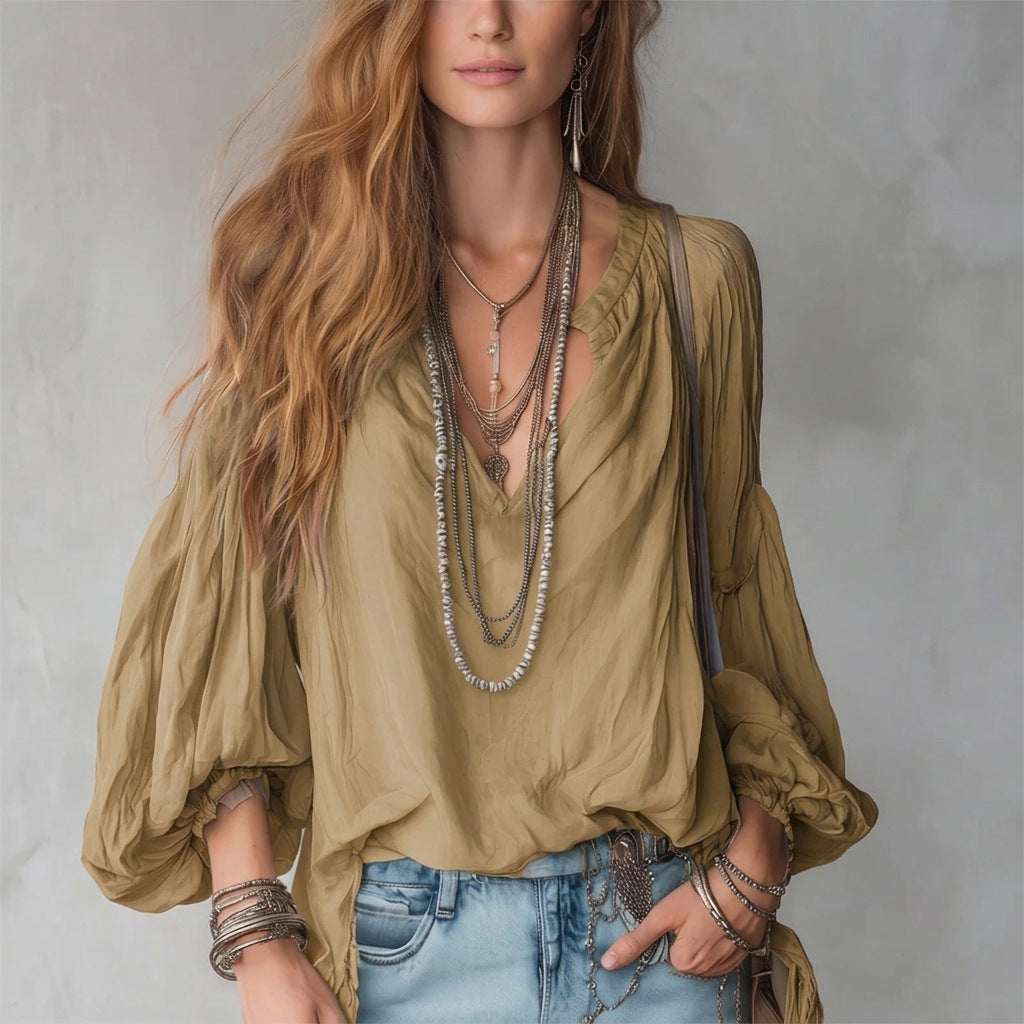 Split V-Neck Puff Long Sleeve Loose Textured Blouse