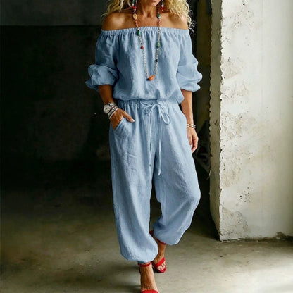 Sage Linen Off Shoulder Drawstring Waist Jogger Jumpsuit