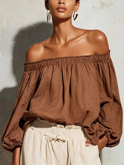 Women Off Shoulder Puff Bubble Sleeve Crinkled Casual Blouse