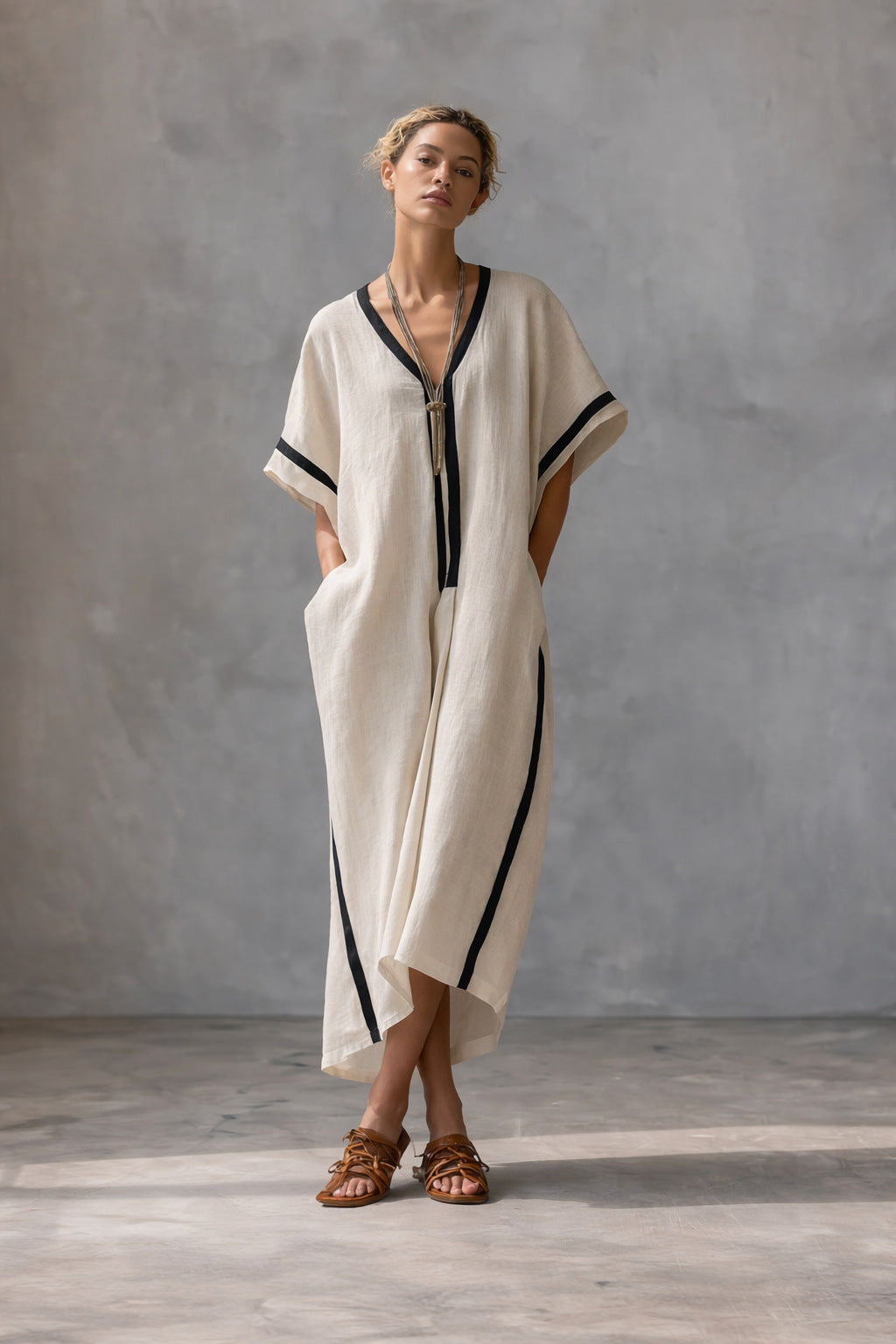 Linen Blend V-Neck Kaftan Dress