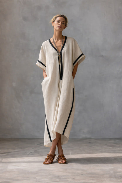 Linen Blend V-Neck Kaftan Dress