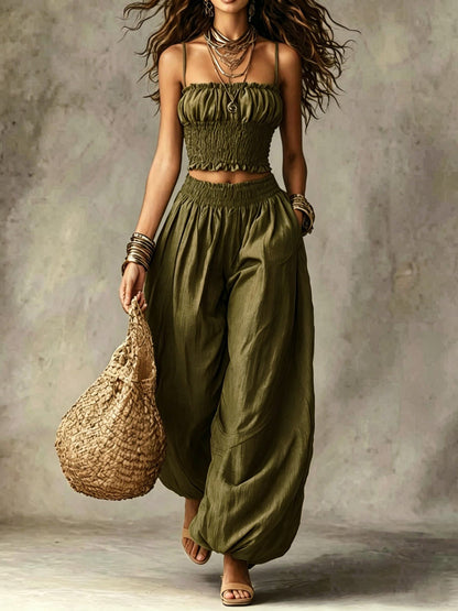 Spaghetti Strap Crop Top Baggy Harem Pants Boho Resort Wear Set