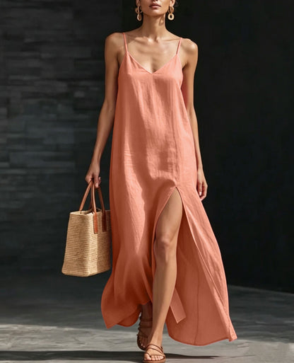 Spaghetti Strap V-Neck High Side Slit Loose Shift Vacation Dress