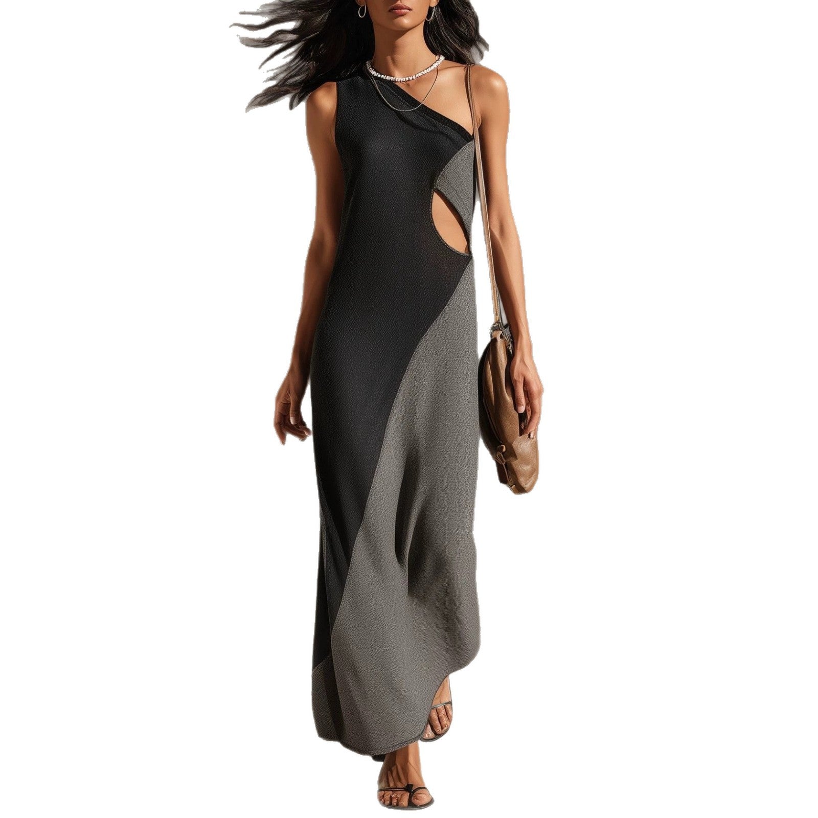 Block One Shoulder Cutout Textured Maxi Dress