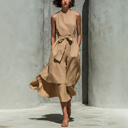 Sleeveless Tie Waist Layered Linen Midi Dress