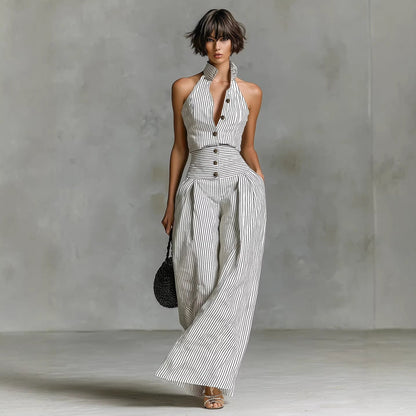 White Black Vertical Stripe Halter High Waist Wide Leg Jumpsuit