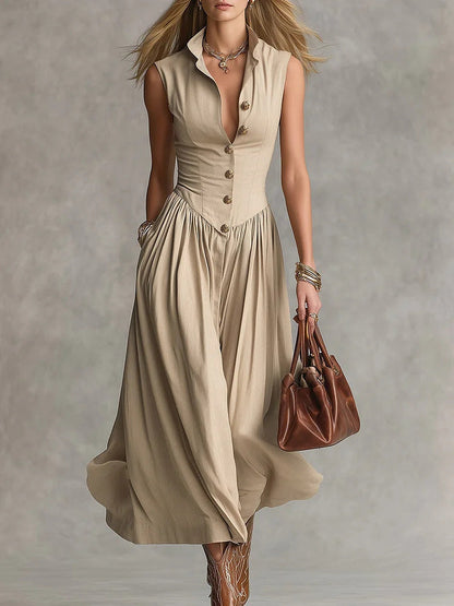 French Elegant Goddess Style Slim Fit Lapel Long Sleeveless Dress For Women