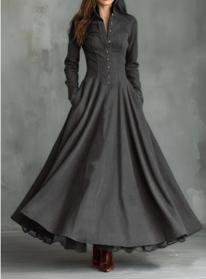 Women's Vintage Stand‑Collar Button‑Front Maxi Dress