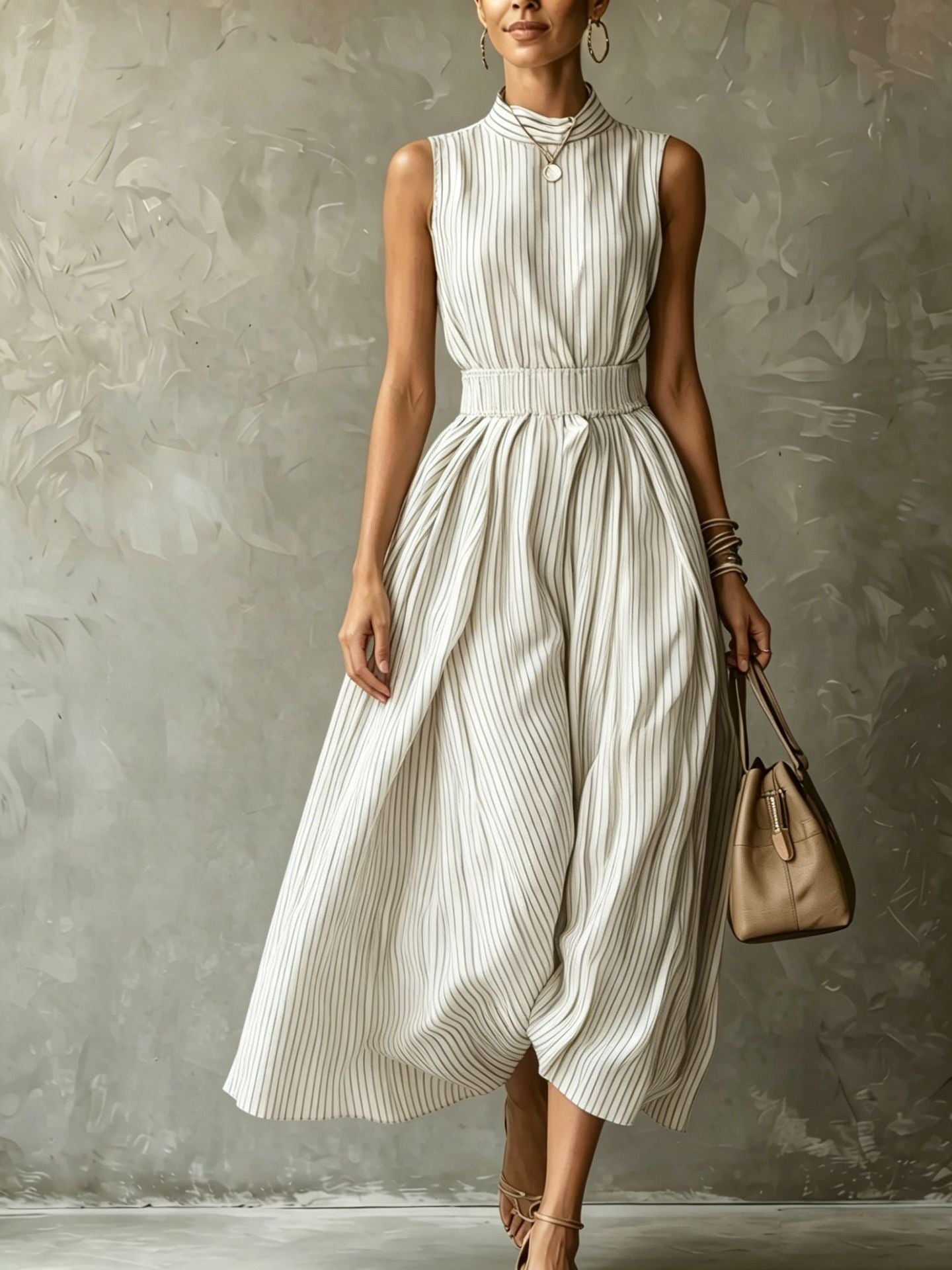 Classic Striped High Neck Sleeveless Midi Dress