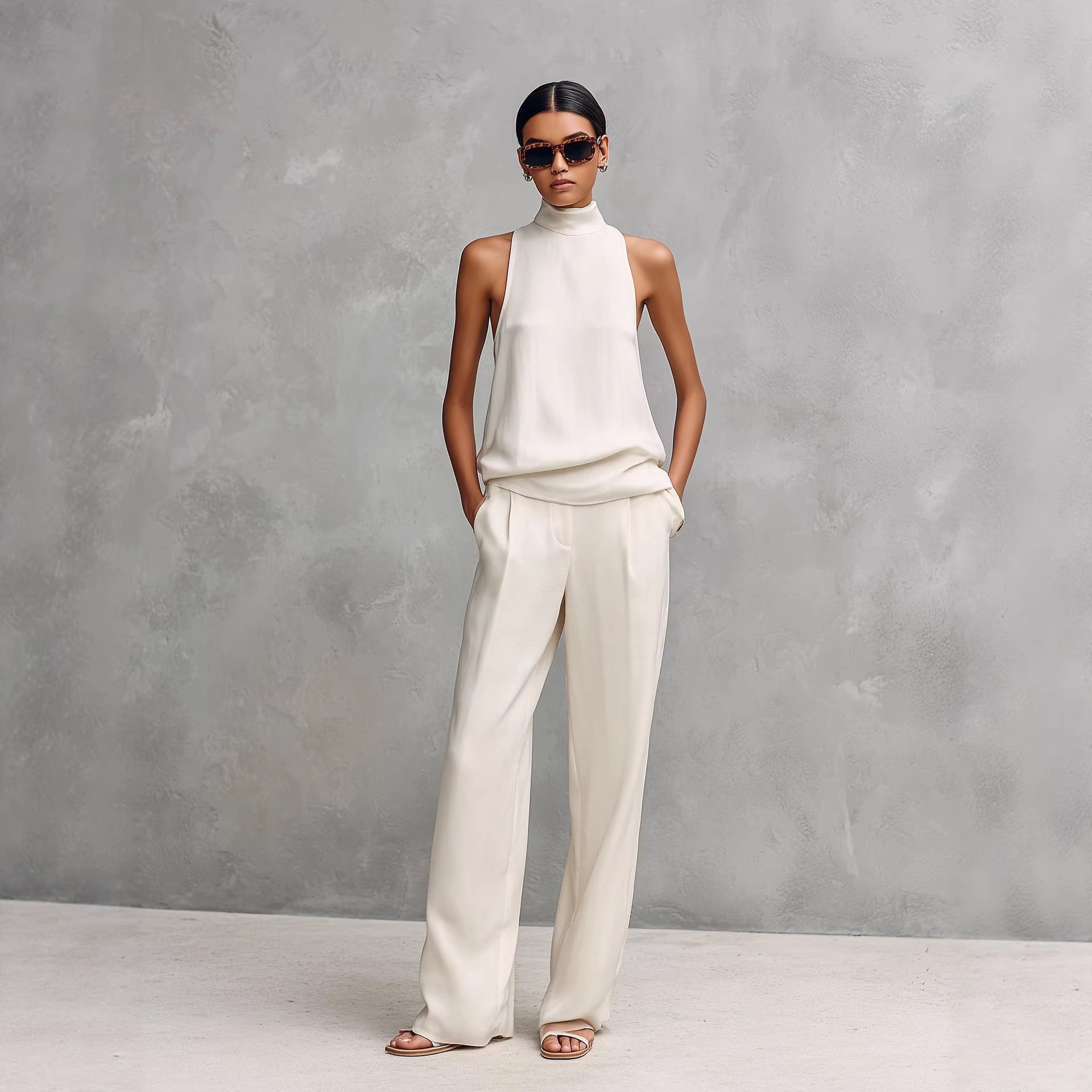 Women's Elegant Cotton And Linen Round-neck Sleeveless Top And Trousers Set