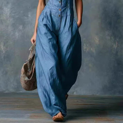 Women'S Spring Thin Loose Sleeveless Ethnic Tribal Denim Jumpsuit